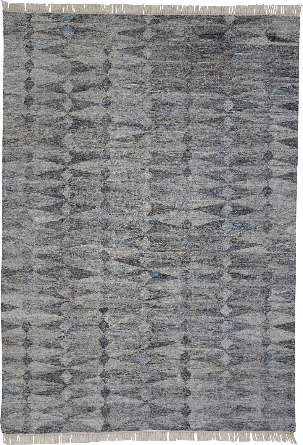 5' X 8' Gray Silver And Ivory Geometric Hand Woven Stain Resistant Area Rug With Fringe
