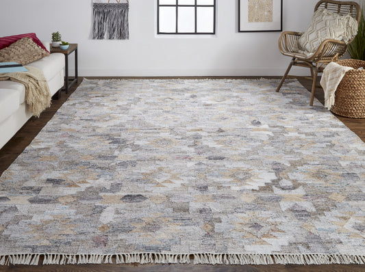 4' X 6' Taupe Gray And Blue Geometric Hand Woven Stain Resistant Area Rug With Fringe