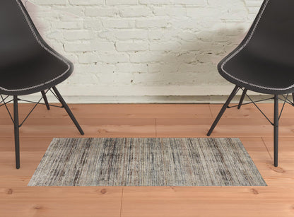 2' X 3' Ivory Gray And Black Abstract Distressed Area Rug With Fringe