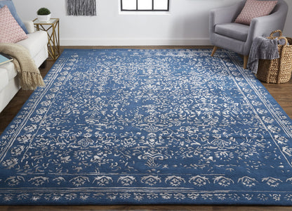 2' X 3' Blue And Silver Wool Floral Tufted Handmade Distressed Area Rug