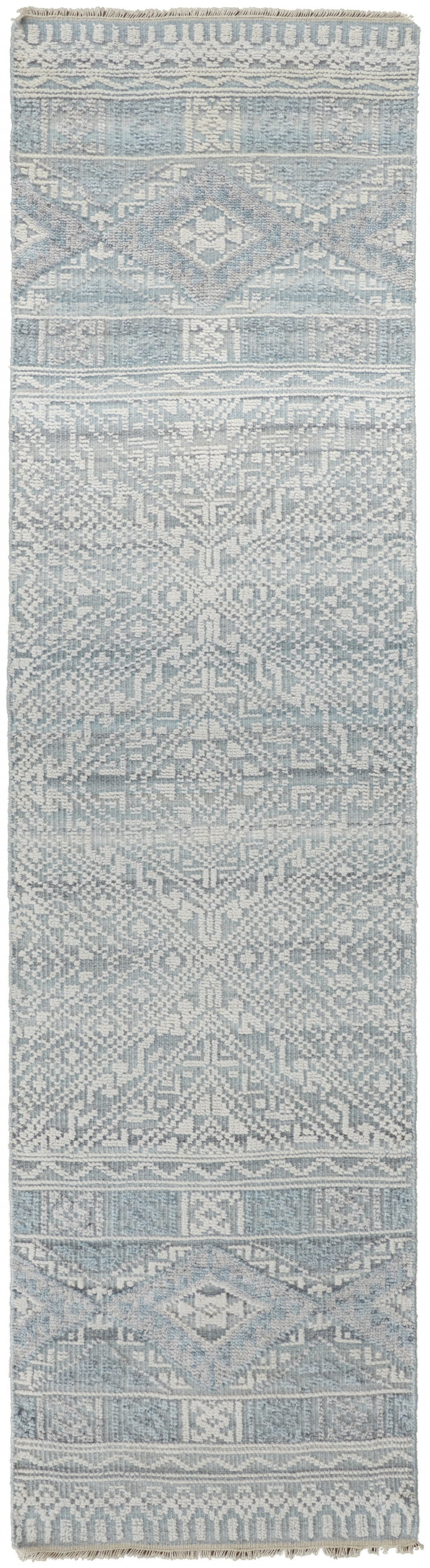 8' X 10' Gray Ivory And Blue Geometric Hand Knotted Area Rug