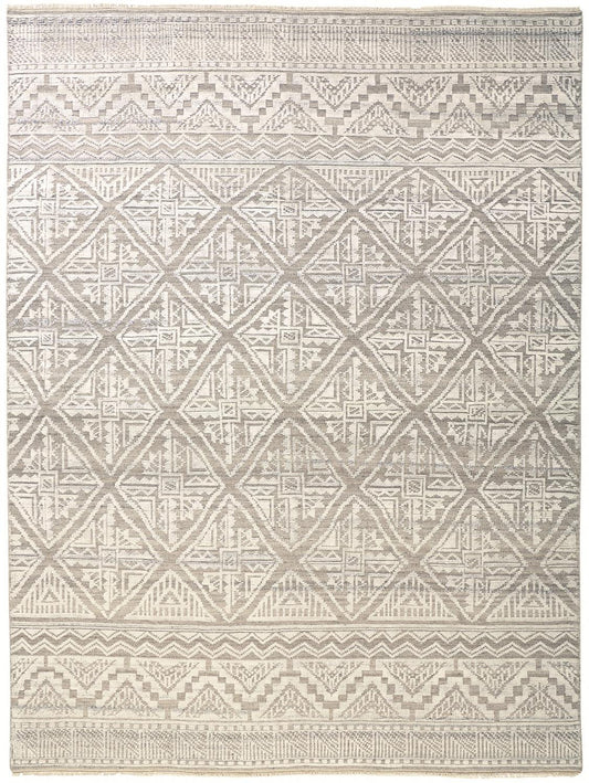 8' X 10' Ivory Tan And Gray Geometric Hand Knotted Area Rug