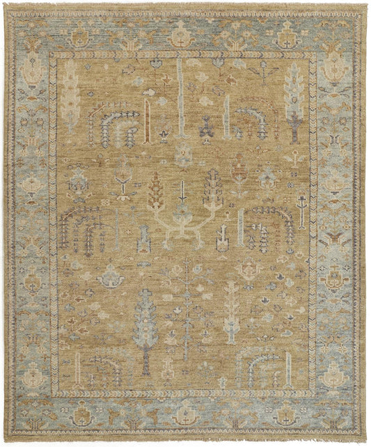 2' X 3' Gold Blue And Gray Wool Floral Hand Knotted Stain Resistant Area Rug With Fringe