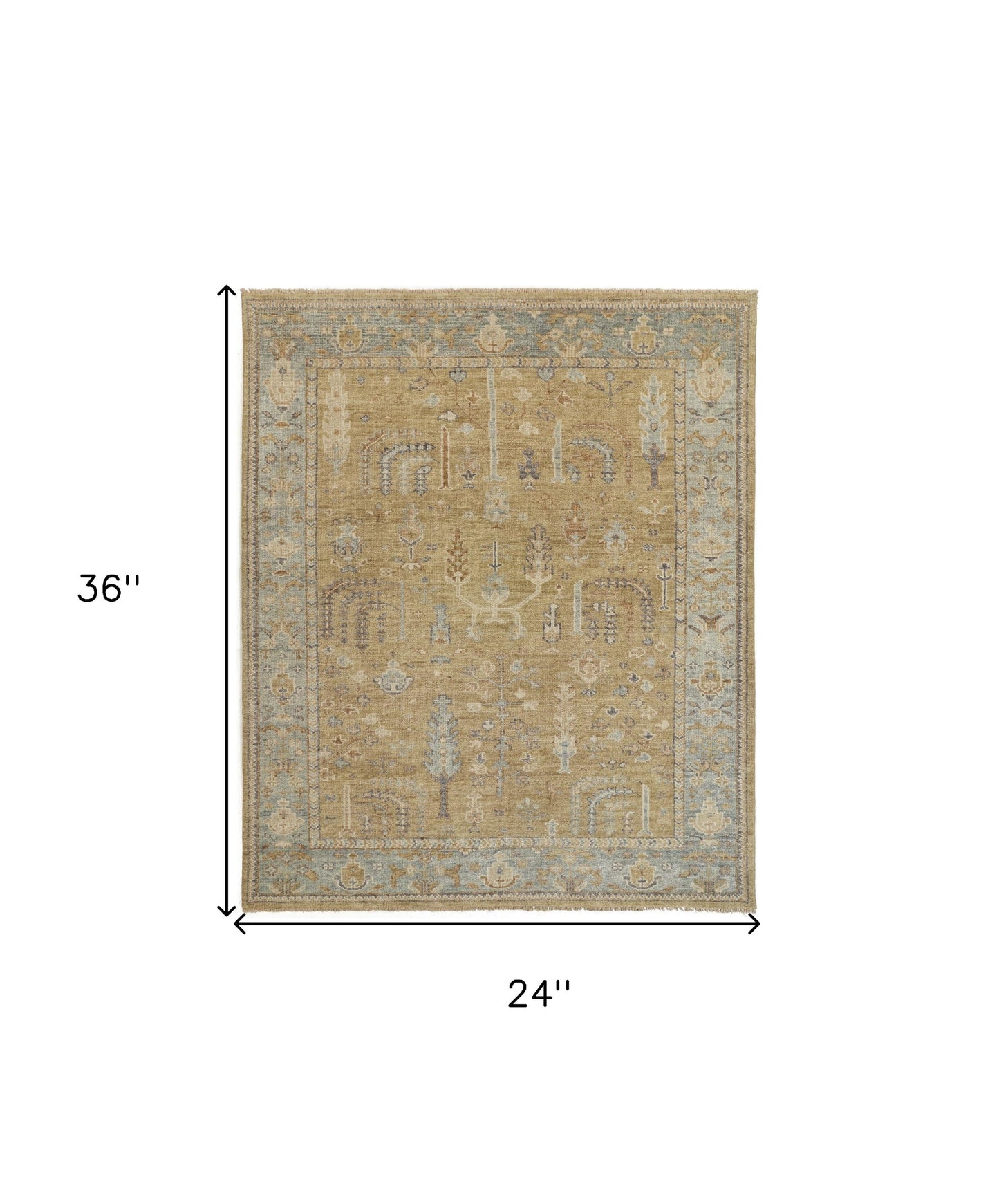 2' X 3' Gold Blue And Gray Wool Floral Hand Knotted Stain Resistant Area Rug With Fringe