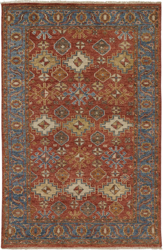 5' X 8' Red Blue And Orange Wool Floral Hand Knotted Stain Resistant Area Rug With Fringe
