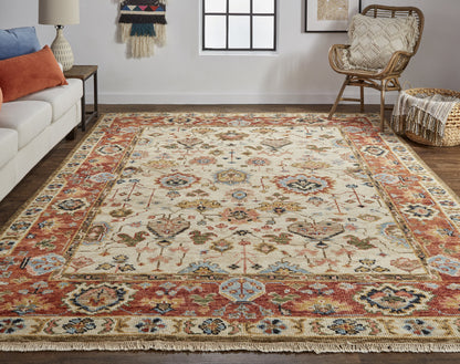 5' X 8' Ivory Red And Blue Wool Floral Hand Knotted Stain Resistant Area Rug