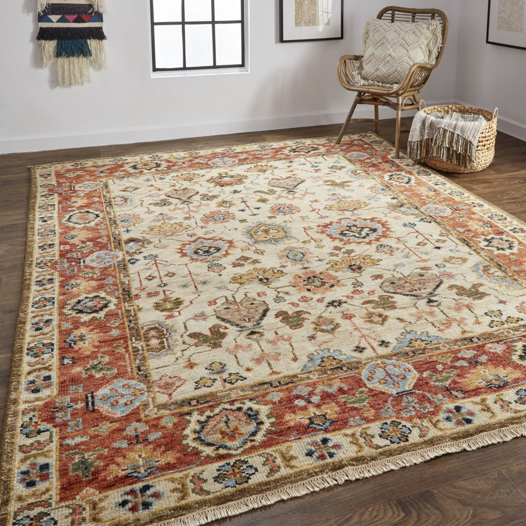 5' X 8' Ivory Red And Blue Wool Floral Hand Knotted Stain Resistant Area Rug