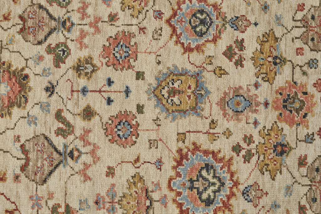 5' X 8' Ivory Red And Blue Wool Floral Hand Knotted Stain Resistant Area Rug