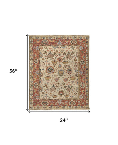 5' X 8' Ivory Red And Blue Wool Floral Hand Knotted Stain Resistant Area Rug