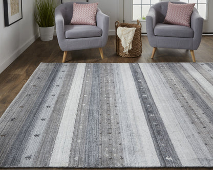 5' X 8' Gray Silver And Black Wool Striped Hand Knotted Stain Resistant Area Rug