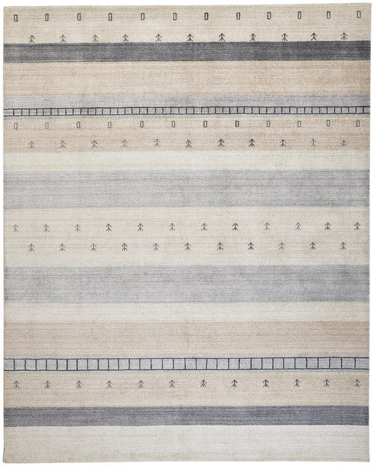 5' X 8' Ivory Tan And Gray Wool Striped Hand Knotted Stain Resistant Area Rug
