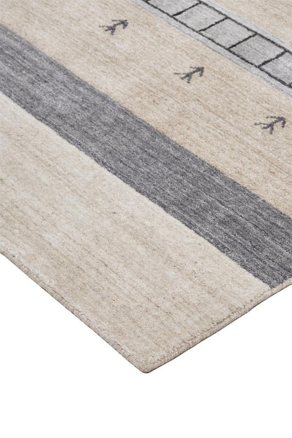 5' X 8' Ivory Tan And Gray Wool Striped Hand Knotted Stain Resistant Area Rug