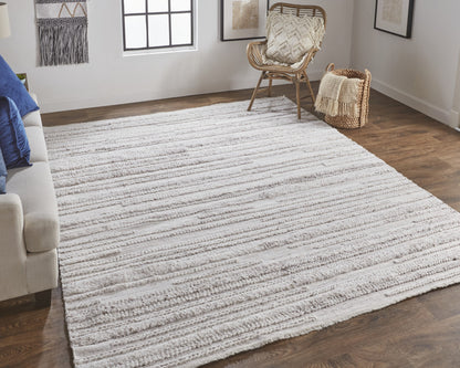 10' X 14' Gray Silver And Ivory Striped Hand Woven Stain Resistant Area Rug