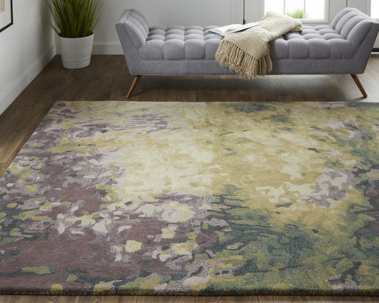 2' X 3' Gold Purple And Green Wool Abstract Tufted Handmade Stain Resistant Area Rug