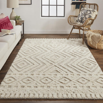 5' X 8' Ivory And Tan Wool Geometric Tufted Handmade Stain Resistant Area Rug