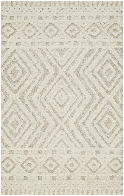 5' X 8' Ivory And Tan Wool Geometric Tufted Handmade Stain Resistant Area Rug