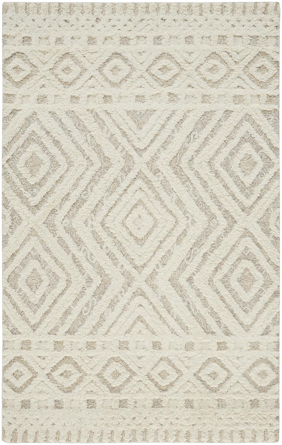 5' X 8' Ivory And Tan Wool Geometric Tufted Handmade Stain Resistant Area Rug