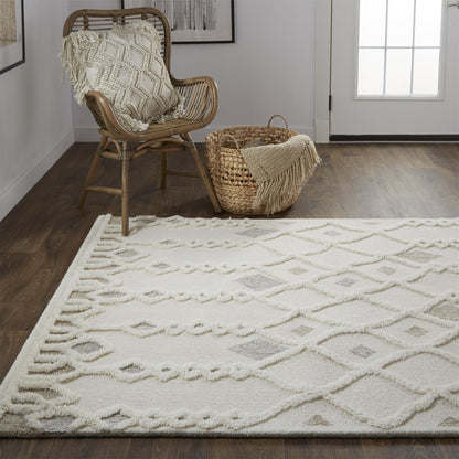 4' X 6' Ivory Tan And Silver Wool Geometric Tufted Handmade Stain Resistant Area Rug