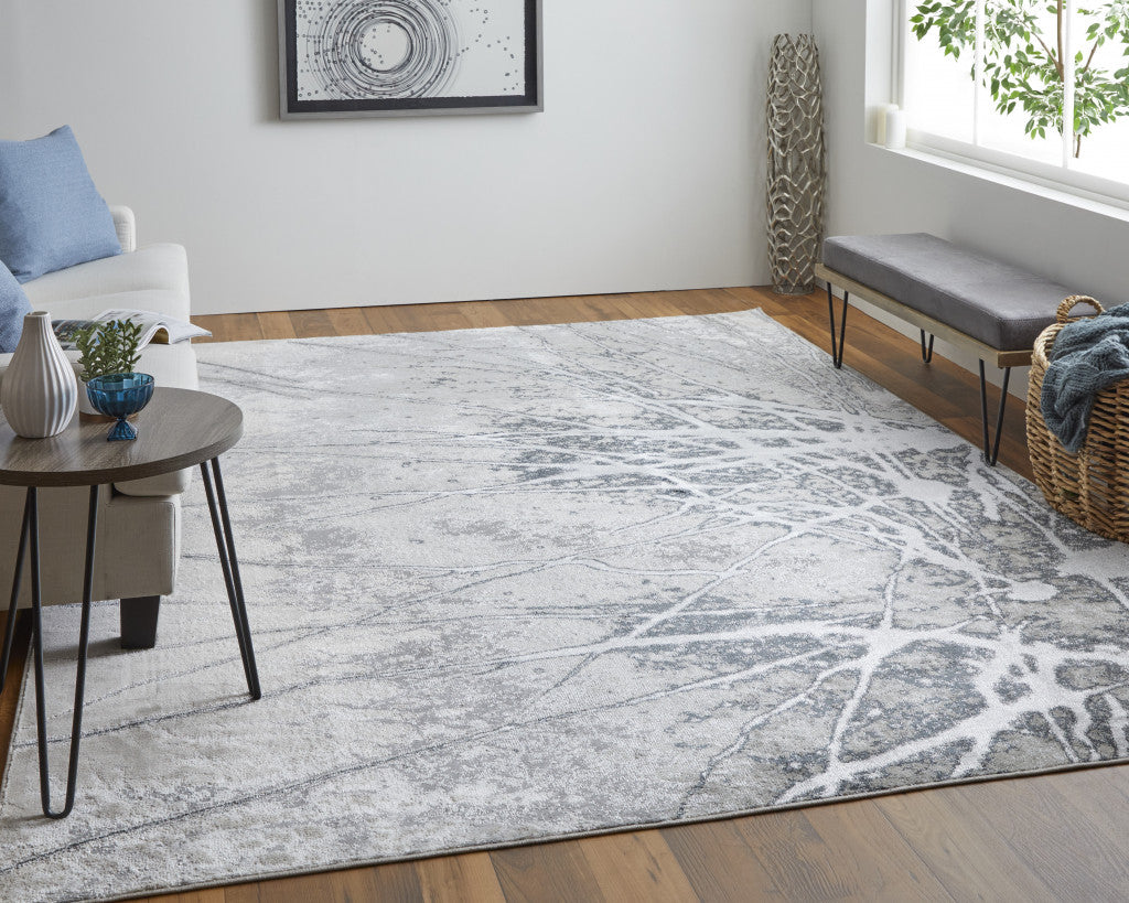 10' X 13' Gray Silver And Ivory Abstract Power Loom Area Rug