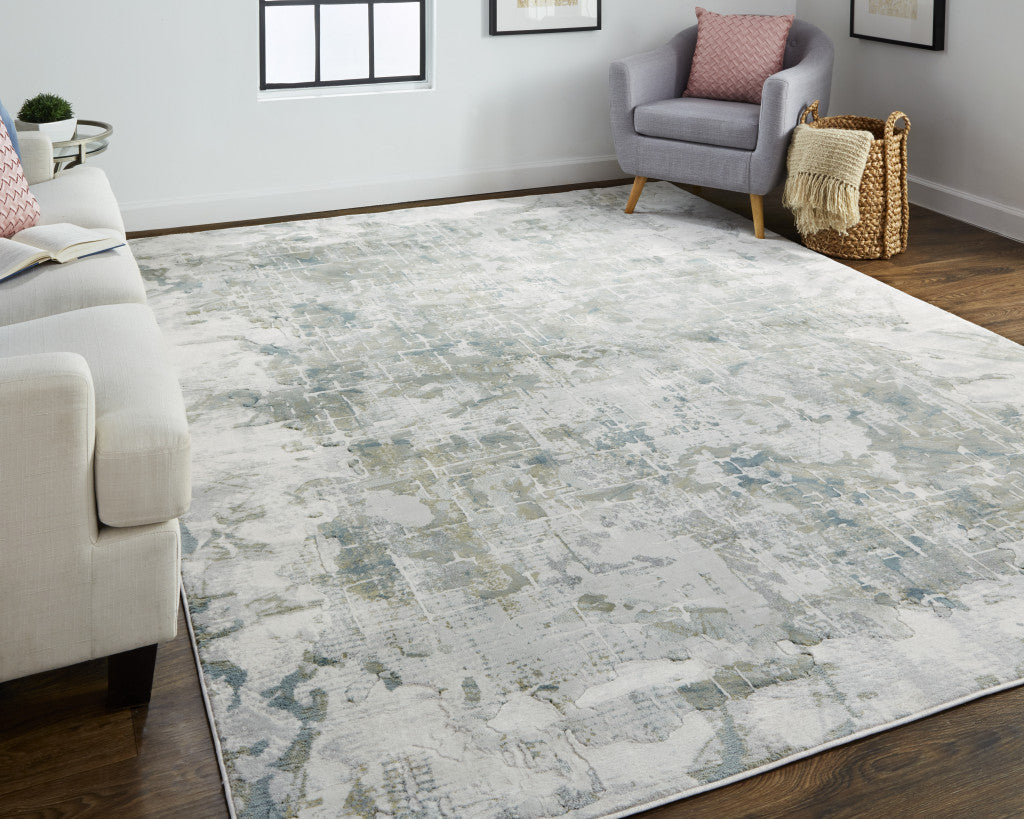 3' X 5' Green Gray And Ivory Abstract Distressed Stain Resistant Area Rug