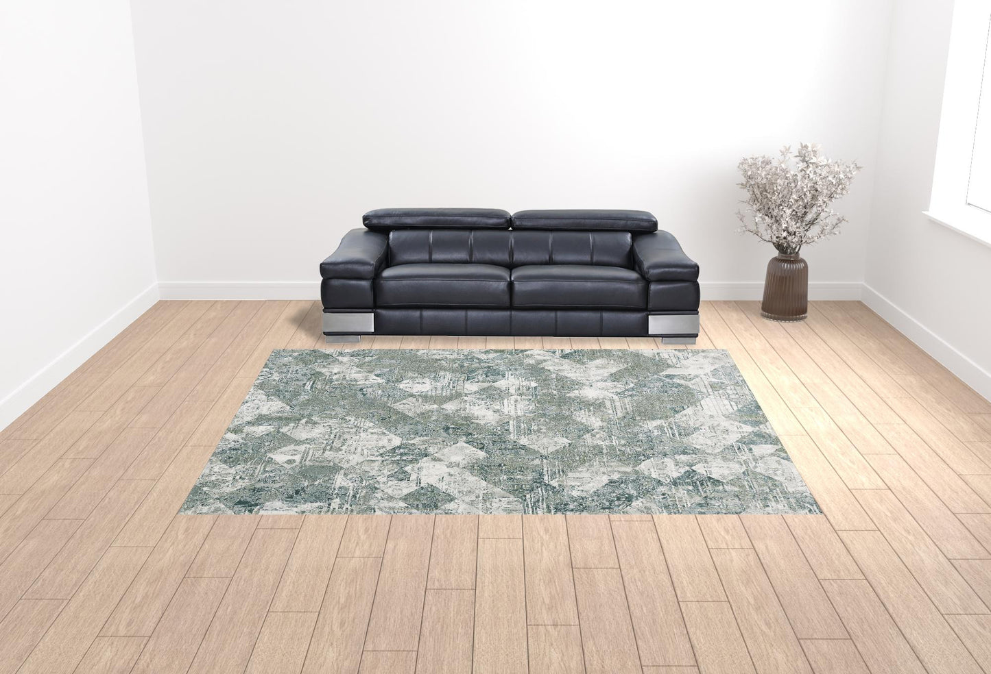 3' X 5' Green And Ivory Patchwork Distressed Stain Resistant Area Rug