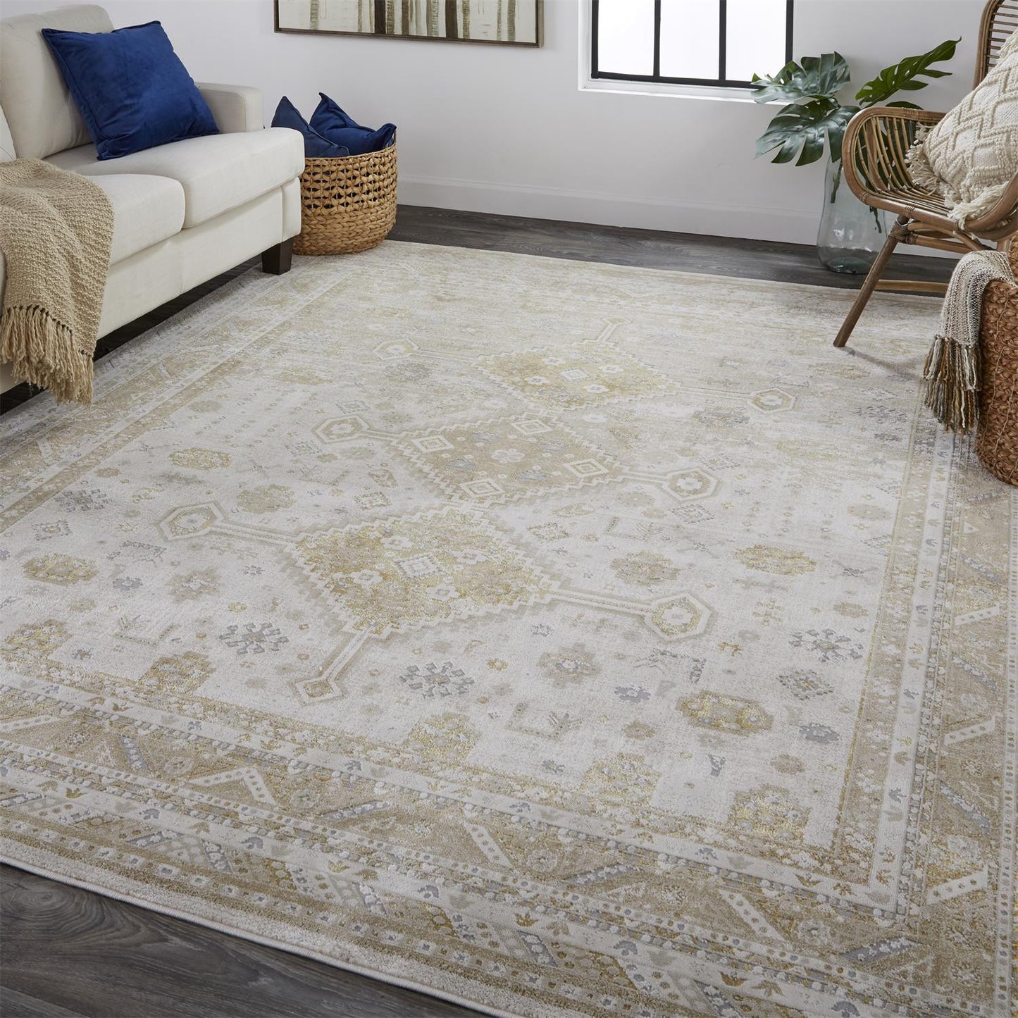 4' X 6' Gold And Ivory Floral Area Rug