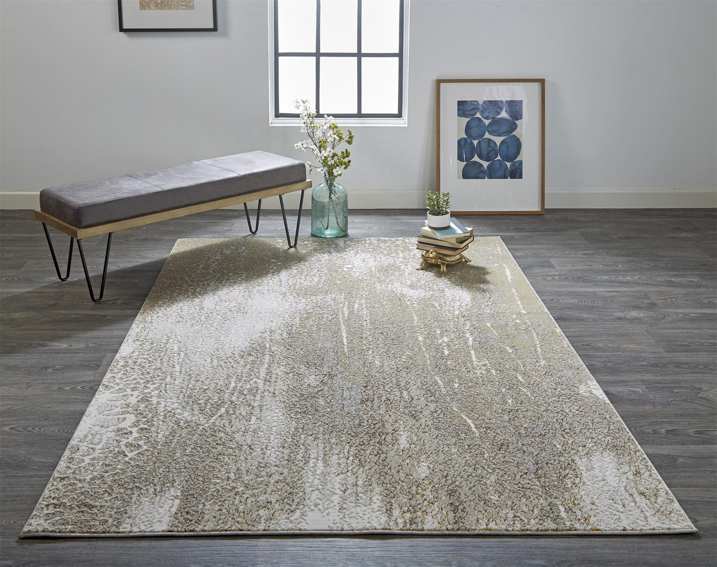 4' X 6' Ivory Gray And Gold Abstract Area Rug