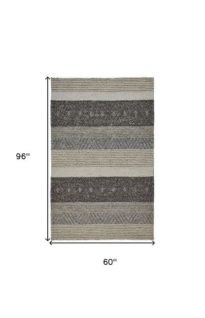 8' X 11' Gray Taupe And Tan Wool Striped Hand Woven Stain Resistant Area Rug