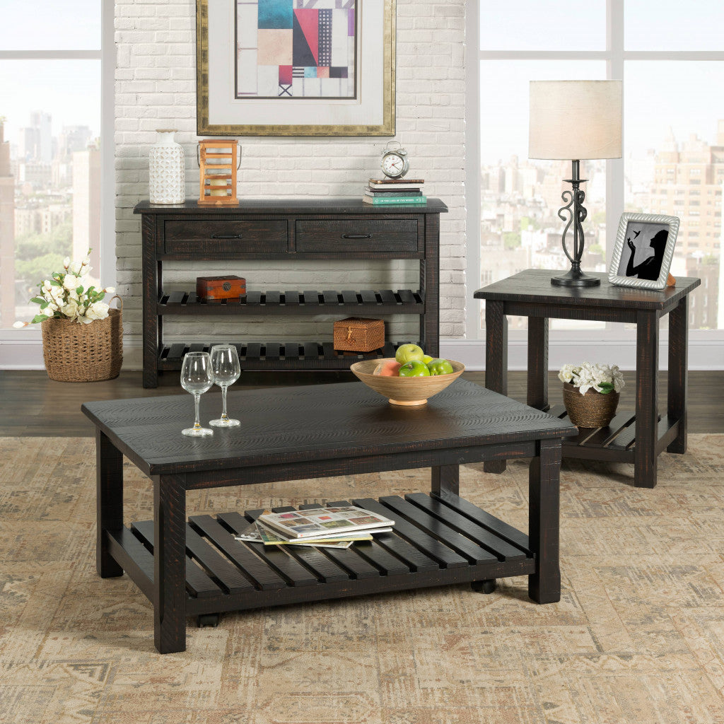42" Antique Black Solid Wood Rectangular Distressed Coffee Table With Shelf