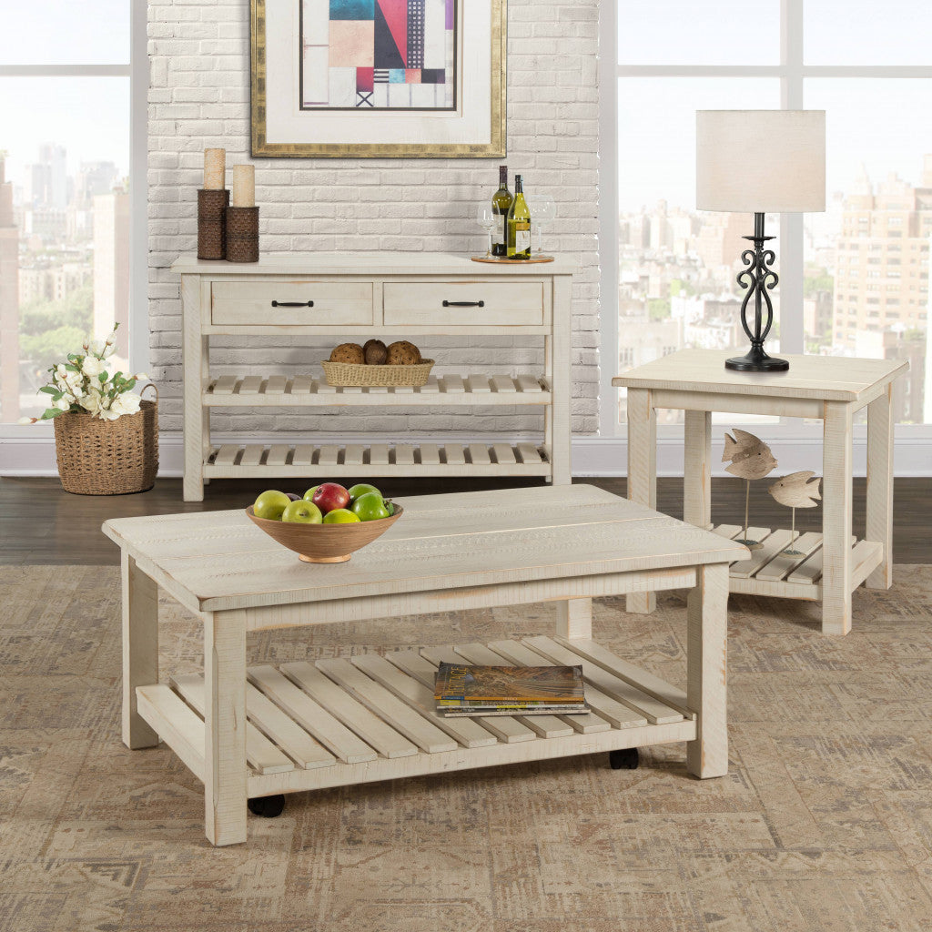 42" Antique White Solid Wood Rectangular Distressed Coffee Table With Shelf