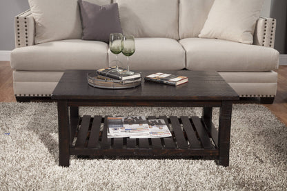 42" Espresso Solid Wood Rectangular Distressed Coffee Table With Shelf
