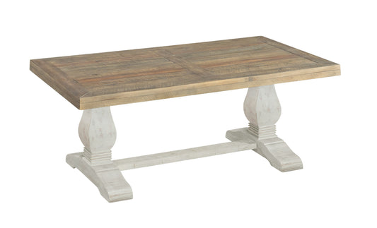 50" White And Reclaimed Natural Wood Distressed Pedestal Coffee Table