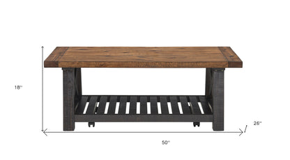 50" Rustic Black And Natural Solid Wood Rectangular Distressed Coffee Table