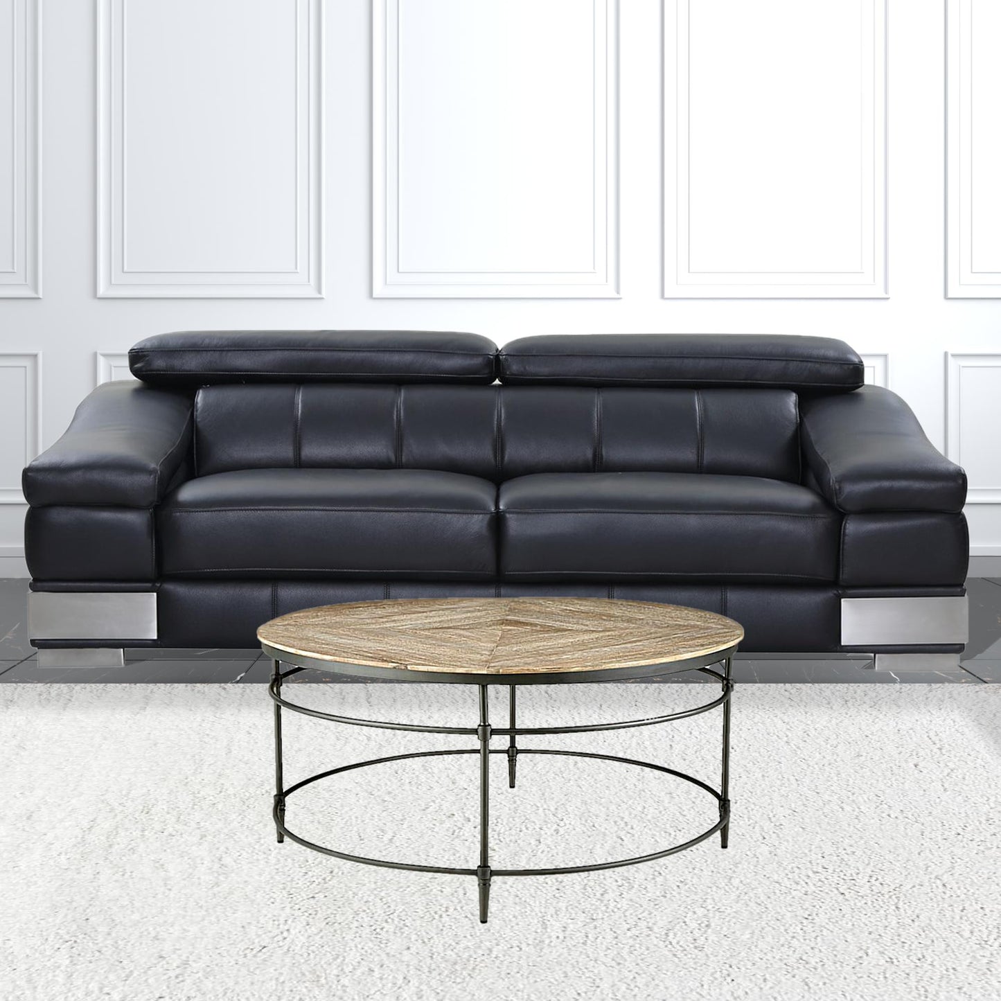 38" Black And Rustic Washed Mango Wood Round Distressed Coffee Table