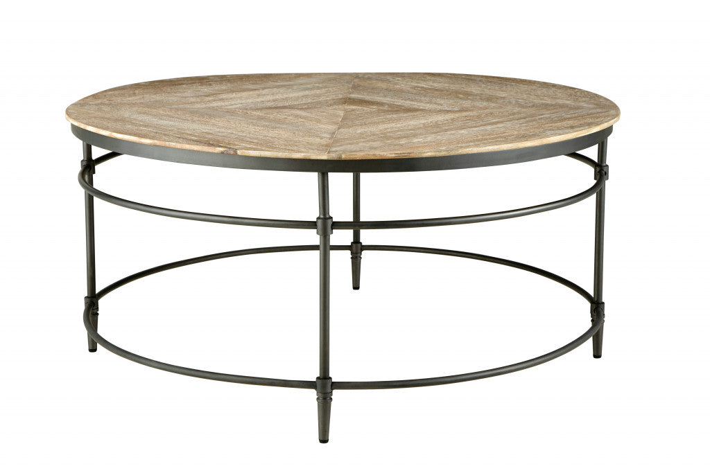 38" Black And Rustic Washed Mango Wood Round Distressed Coffee Table