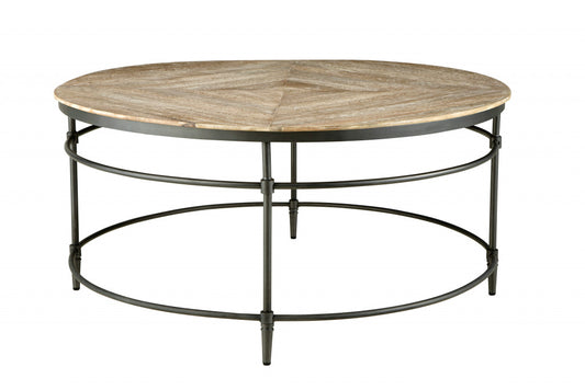 38" Black And Rustic Washed Mango Wood Round Distressed Coffee Table