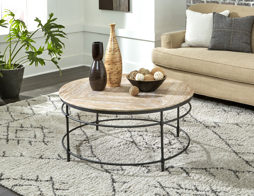 38" Black And Rustic Washed Mango Wood Round Distressed Coffee Table