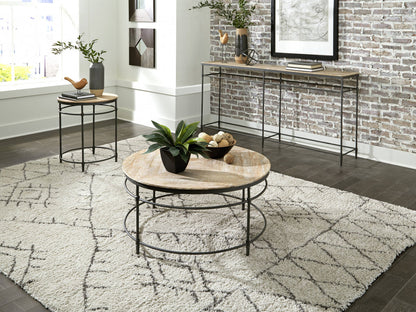 38" Black And Rustic Washed Mango Wood Round Distressed Coffee Table