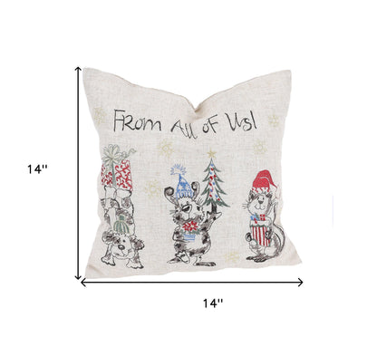 14" X 14" Beige and Gray Dog Christmas Linen Linen Blend Zippered Pillow With Embroidery