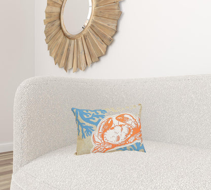 13" X 18" Blue and Orange Crab Coastal Polyester Pillow With Applique