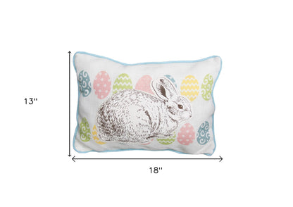 13" X 18" Blue and White Rabbit Easter Easter Bunny Jute Pillow With Applique