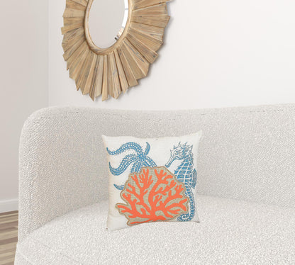 18" X 18" Blue and Orange Seahorse Coastal Polyester Pillow With Applique