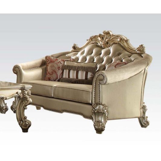 67" Bone And Gold Faux Leather Love Seat And Toss Pillows