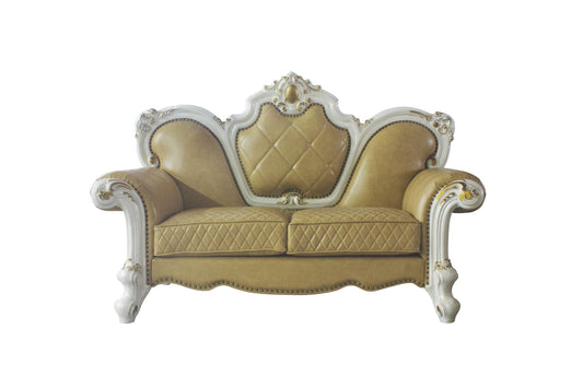 70" Butterscotch And Pearl Faux Leather Love Seat And Toss Pillows