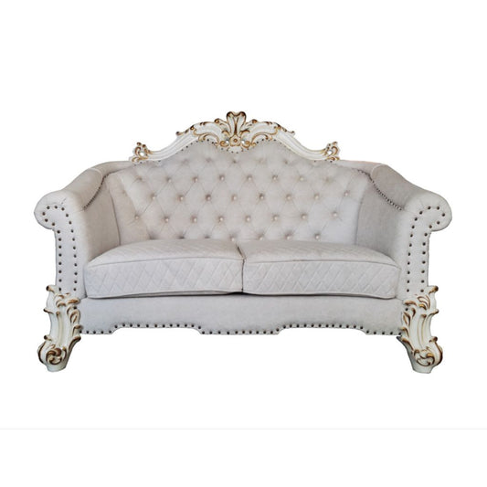 66" Two Tone Ivory And Pearl Velvet Love Seat And Toss Pillows