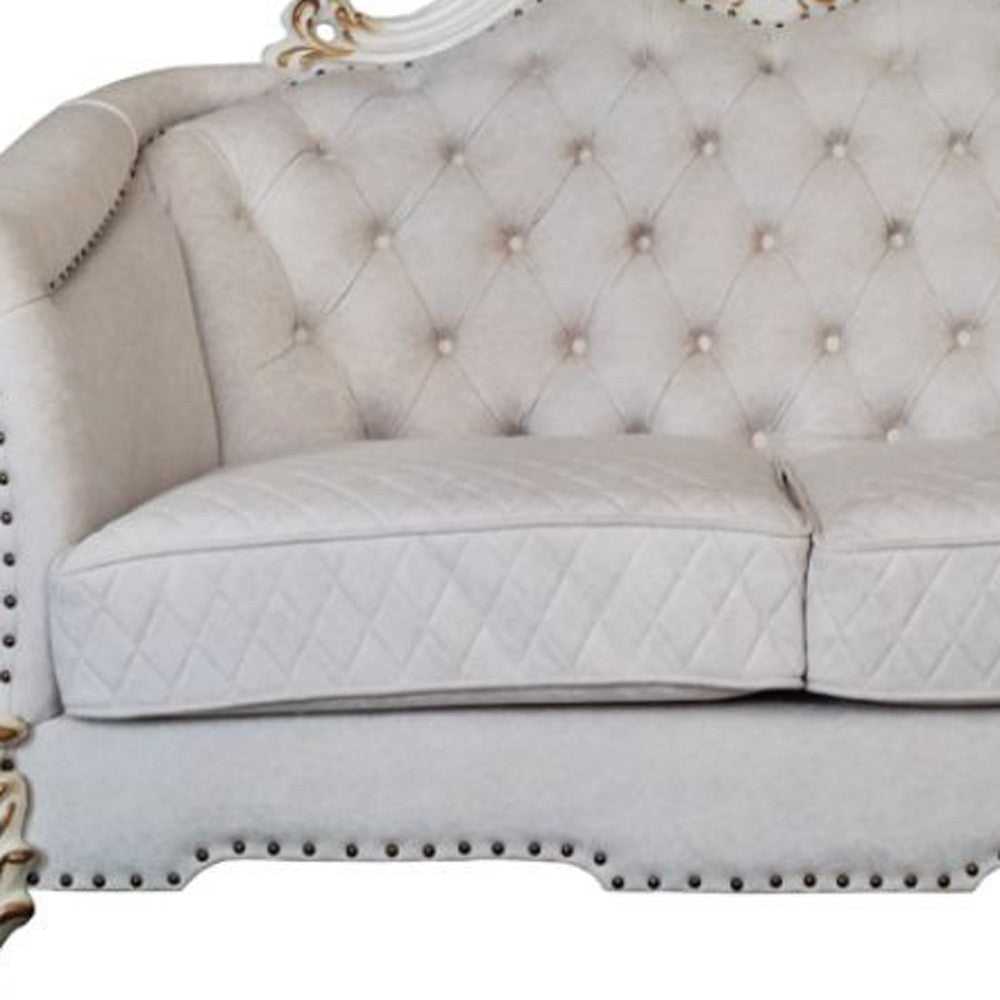 66" Two Tone Ivory And Pearl Velvet Love Seat And Toss Pillows