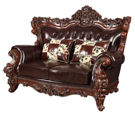 71" Espresso And Brown Faux Leather Curved Love Seat