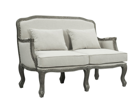 56" Cream And Gray Linen Love Seat And Toss Pillows
