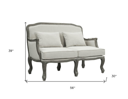 56" Cream And Gray Linen Love Seat And Toss Pillows