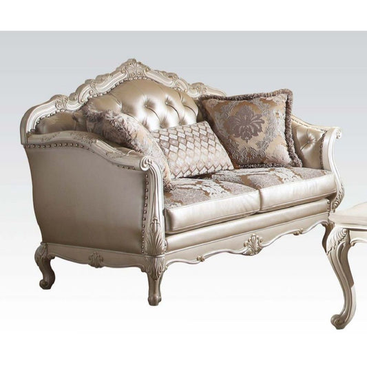 63" Rose Gold And Pearl Faux Leather Curved Love Seat And Toss Pillows